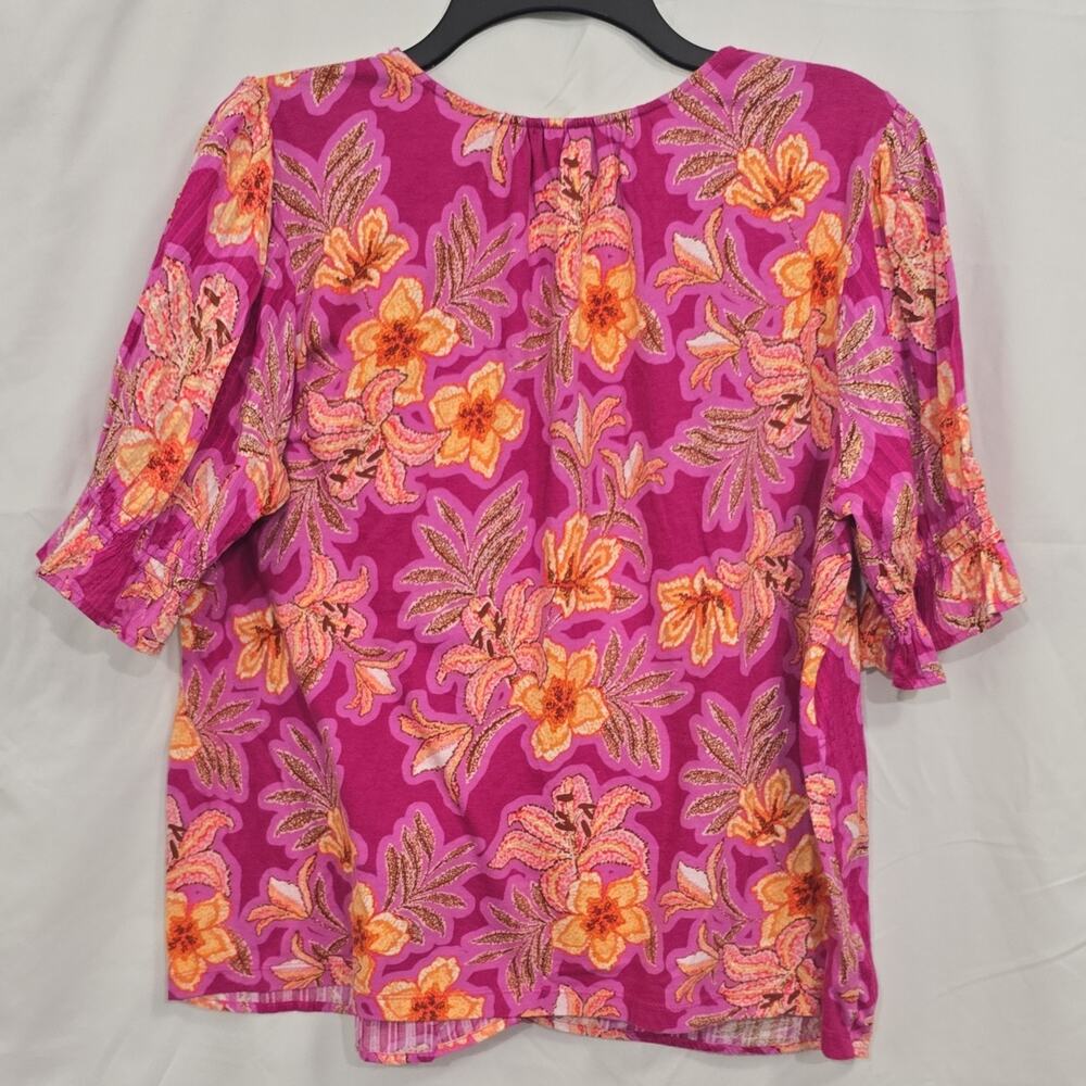 LOFT Womens L Pink Orange Floral Button Front 100% Cotton Ruffle Sleeve Blouse - Picture 7 of 8